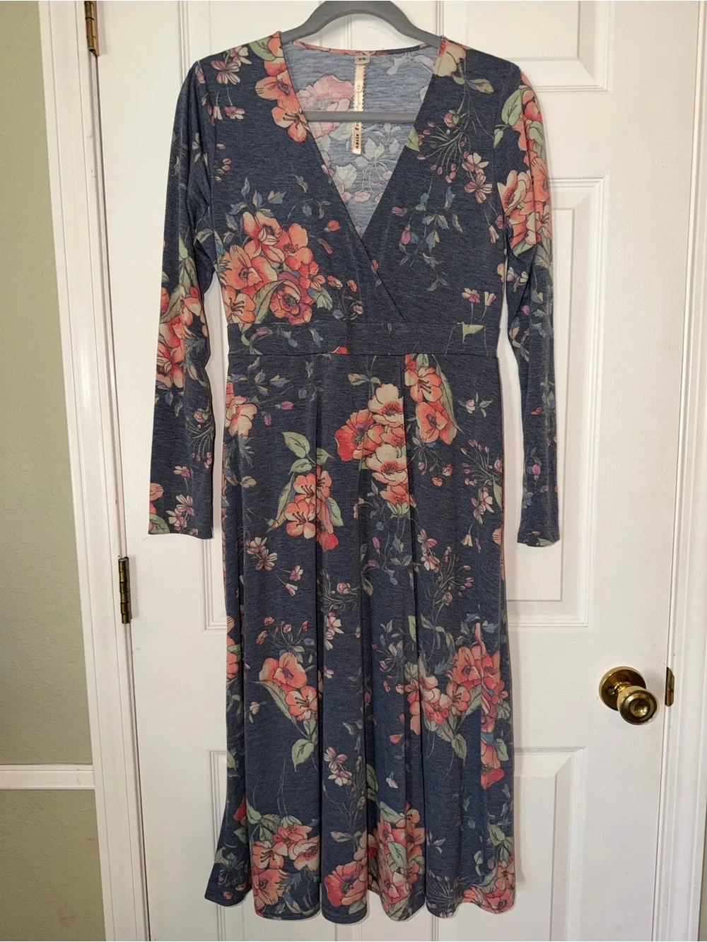 Uncle Frank Navy Floral Long Sleeve Midi Dress with Coral Blooms‎